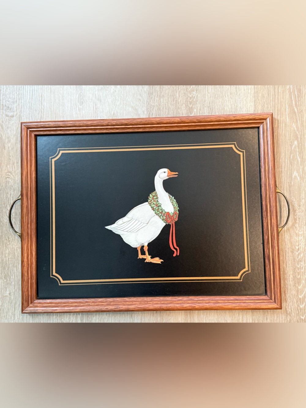 Vintage Pimpernel Christmas Goose Serving Tray with Brass Handles Cork 12x18
